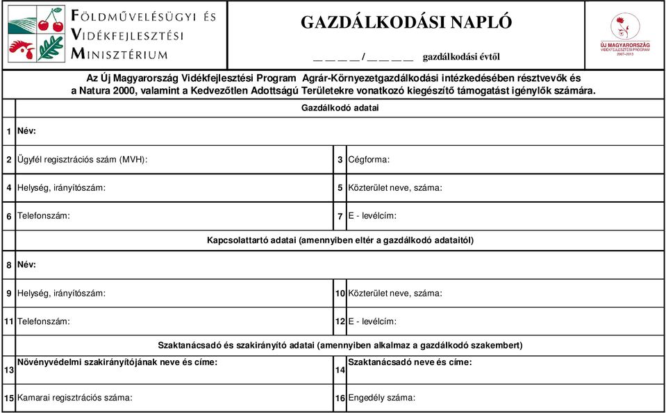 Gazdálkodó adatai 1 Név: 2 Ügyfél regisztrációs szám (MVH): Cégforma: 4 Helység, irányítószám: Közterület neve, száma: 6 Telefonszám: 7 E - levélcím: Kapcsolattartó adatai (amennyiben eltér a