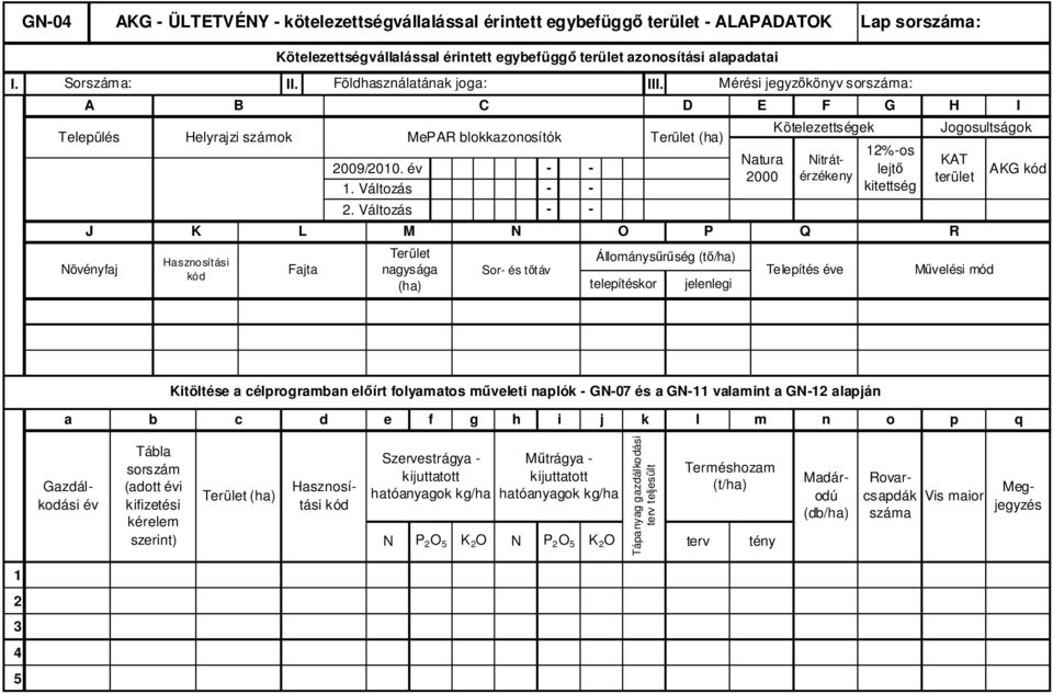 Változás MePAR blokkazonosítók M Terület nagysága (ha) C N Sor- és tıtáv - - - - - - O P Állománysőrőség (tı/ha) telepítéskor D Terület (ha) jelenlegi Mérési jegyzıkönyv sorszáma: E Natura 2000 F