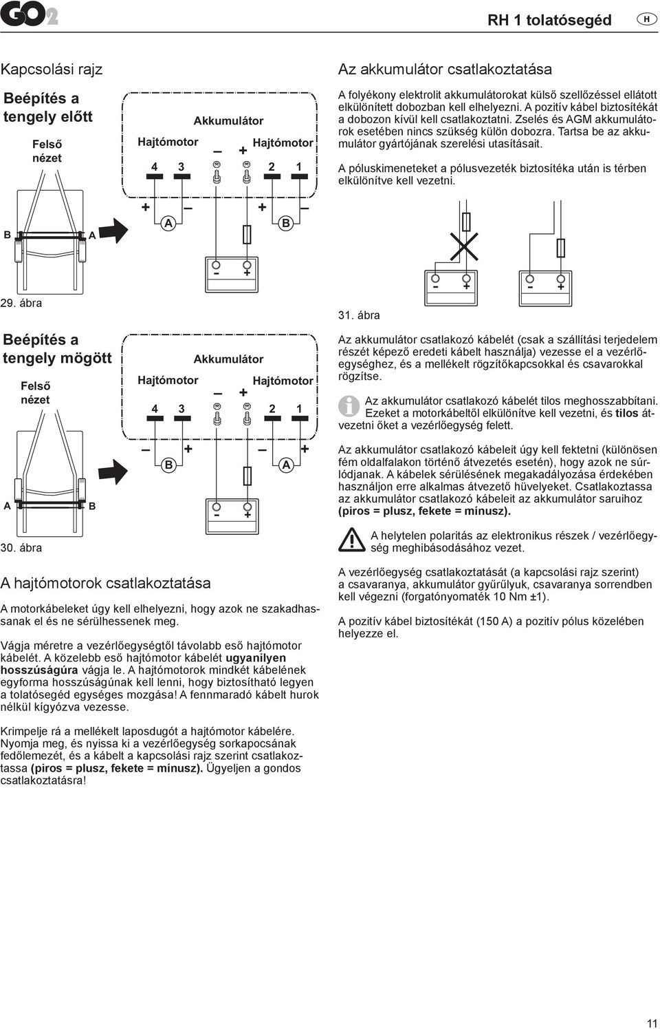 Tartsa be az akkumulátor gyártójának szerelési utasításait. A póluskimeneteket a pólusvezeték biztosítéka után is térben elkülönítve kell vezetni. B A + + A B 29.