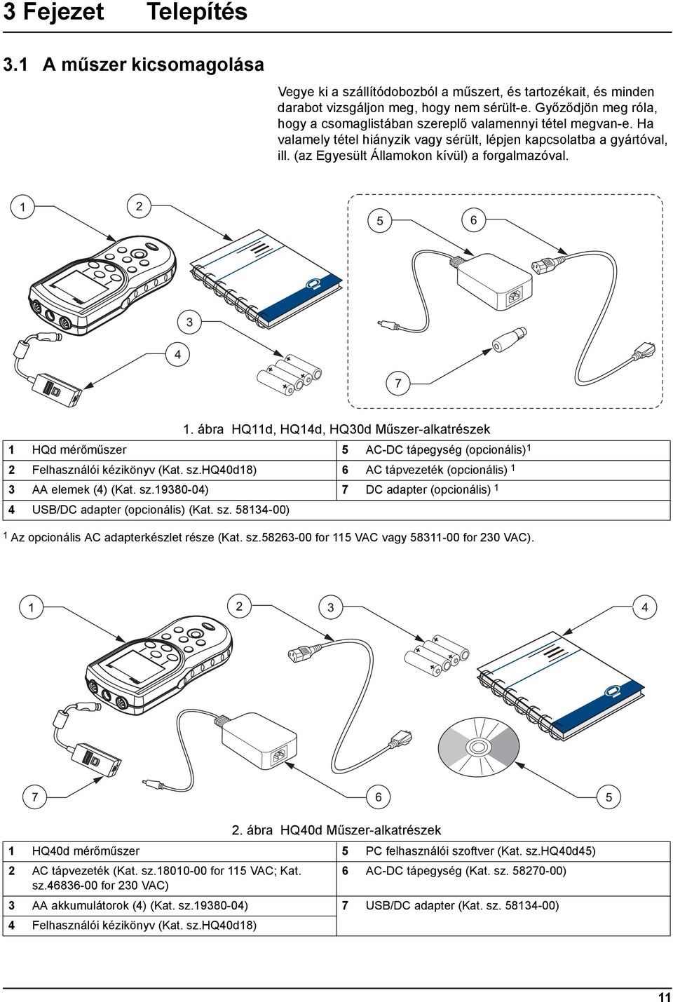 (az Egyesült Államokon kívül) a forgalmazóval. 1. ábra HQ11d, HQ14d, HQ30d Műszer-alkatrészek 1 HQd mérőműszer 5 AC-DC tápegység (opcionális) 1 2 Felhasználói kézikönyv (Kat. sz.