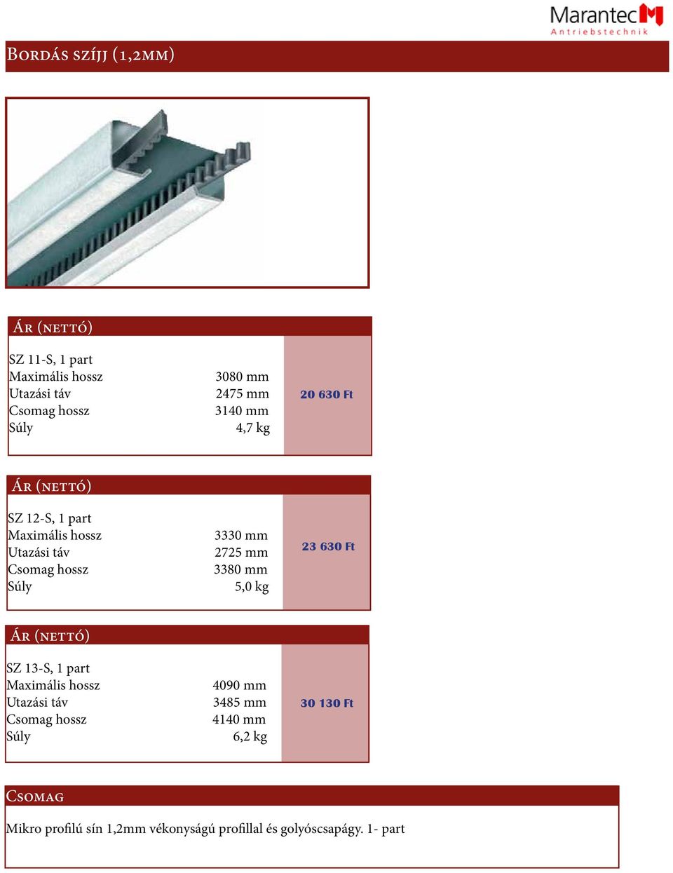 mm 3380 mm 5,0 kg 23 630 Ft Ár (nettó) SZ 13-S, 1 part Maximális hossz Utazási táv hossz 4090 mm
