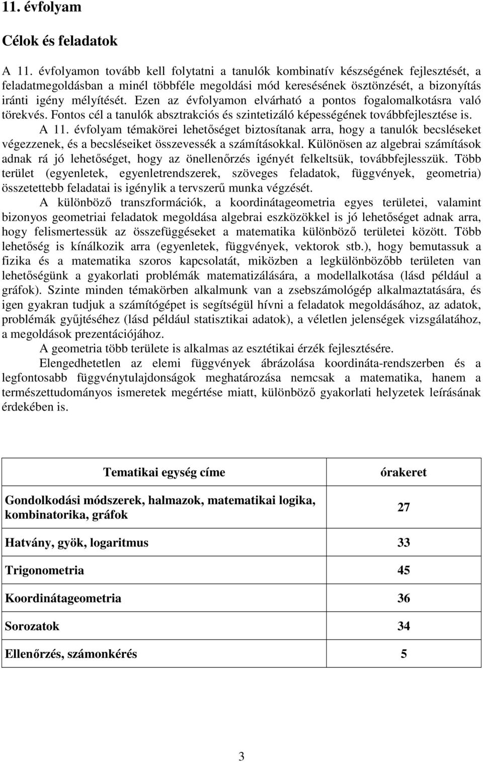 Ezen az évfolyamon elvárható a pontos fogalomalkotásra való törekvés. Fontos cél a tanulók absztrakciós és szintetizáló képességének továbbfejlesztése is. A 11.