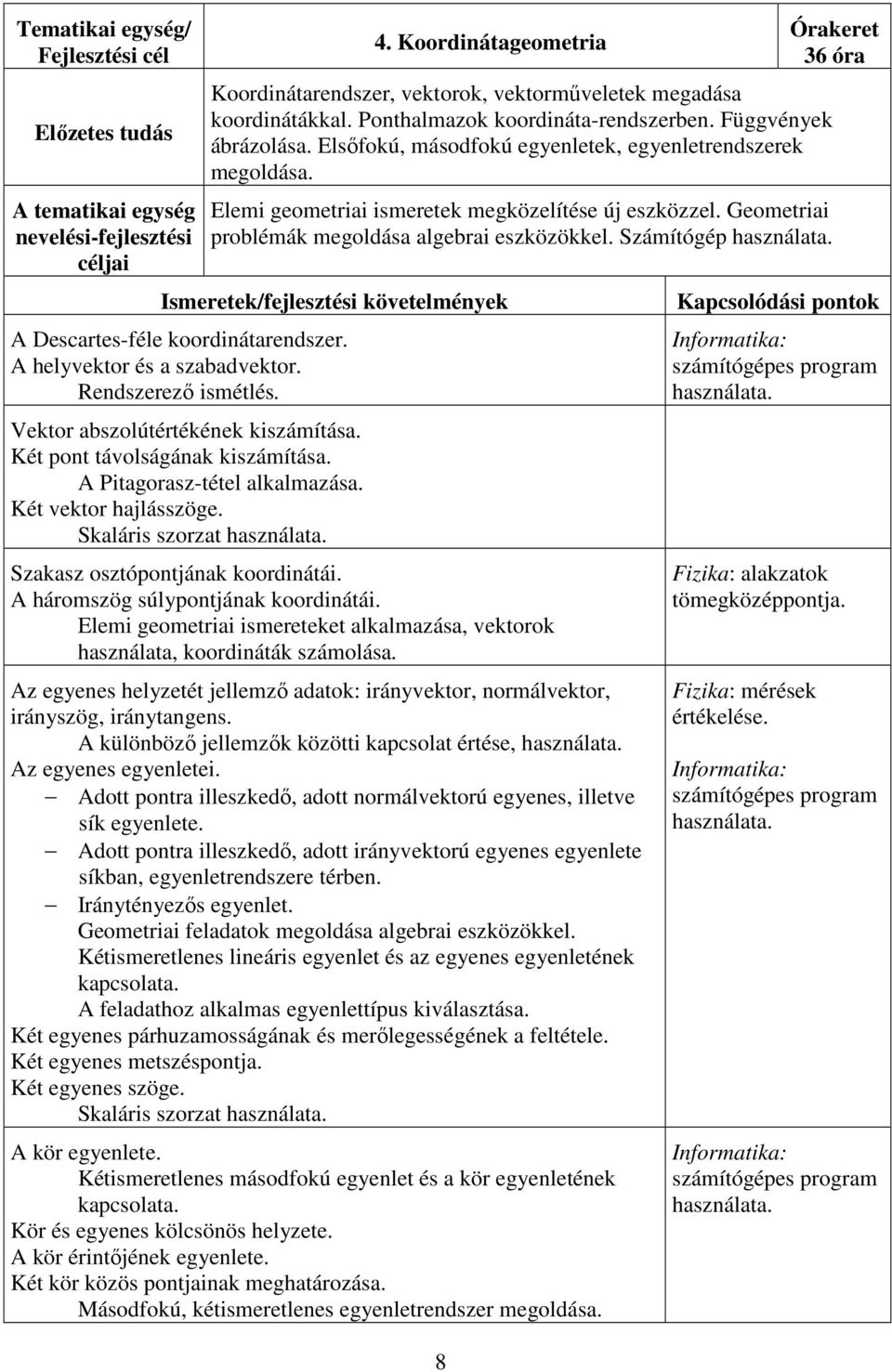 Elsőfokú, másodfokú egyenletek, egyenletrendszerek megoldása. Elemi geometriai ismeretek megközelítése új eszközzel. Geometriai problémák megoldása algebrai eszközökkel. Számítógép használata.