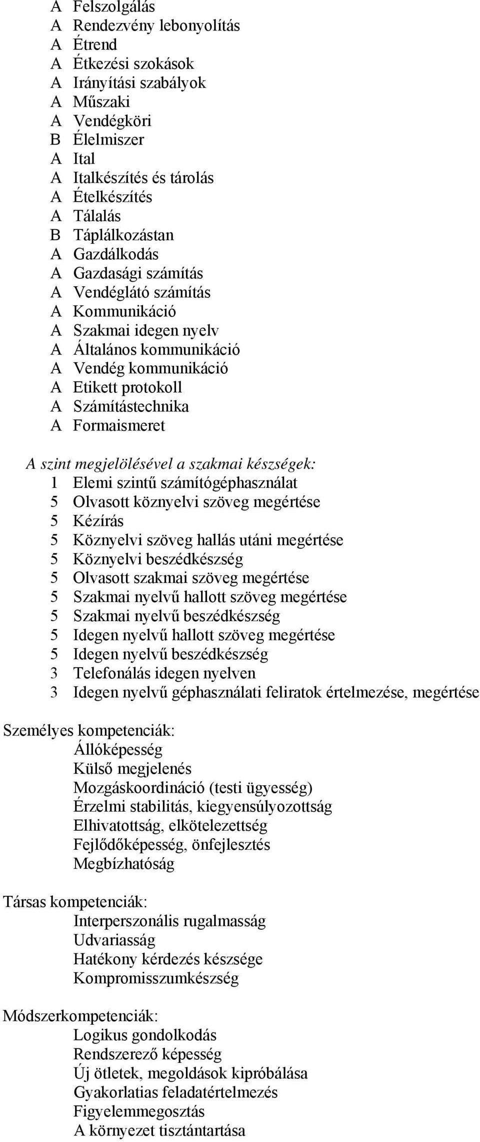 Formaismeret A szint megjelölésével a szakmai készségek: 1 Elemi szintű számítógéphasználat 5 Olvasott köznyelvi szöveg megértése 5 Kézírás 5 Köznyelvi szöveg hallás utáni megértése 5 Köznyelvi