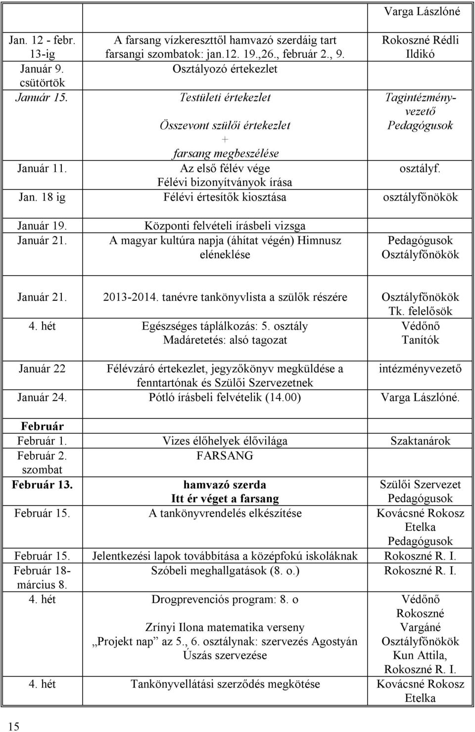 18 ig Félévi értesítők kiosztása osztályfőnökök Január 19. Január 21. Központi felvételi írásbeli vizsga A magyar kultúra napja (áhítat végén) Himnusz eléneklése Osztályfőnökök Január 21. 2013-2014.