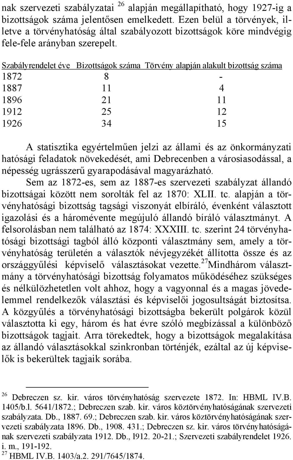 Szabályrendelet éve Bizottságok száma Törvény alapján alakult bizottság száma 1872 8-1887 11 4 1896 21 11 1912 25 12 1926 34 15 A statisztika egyértelműen jelzi az állami és az önkormányzati hatósági