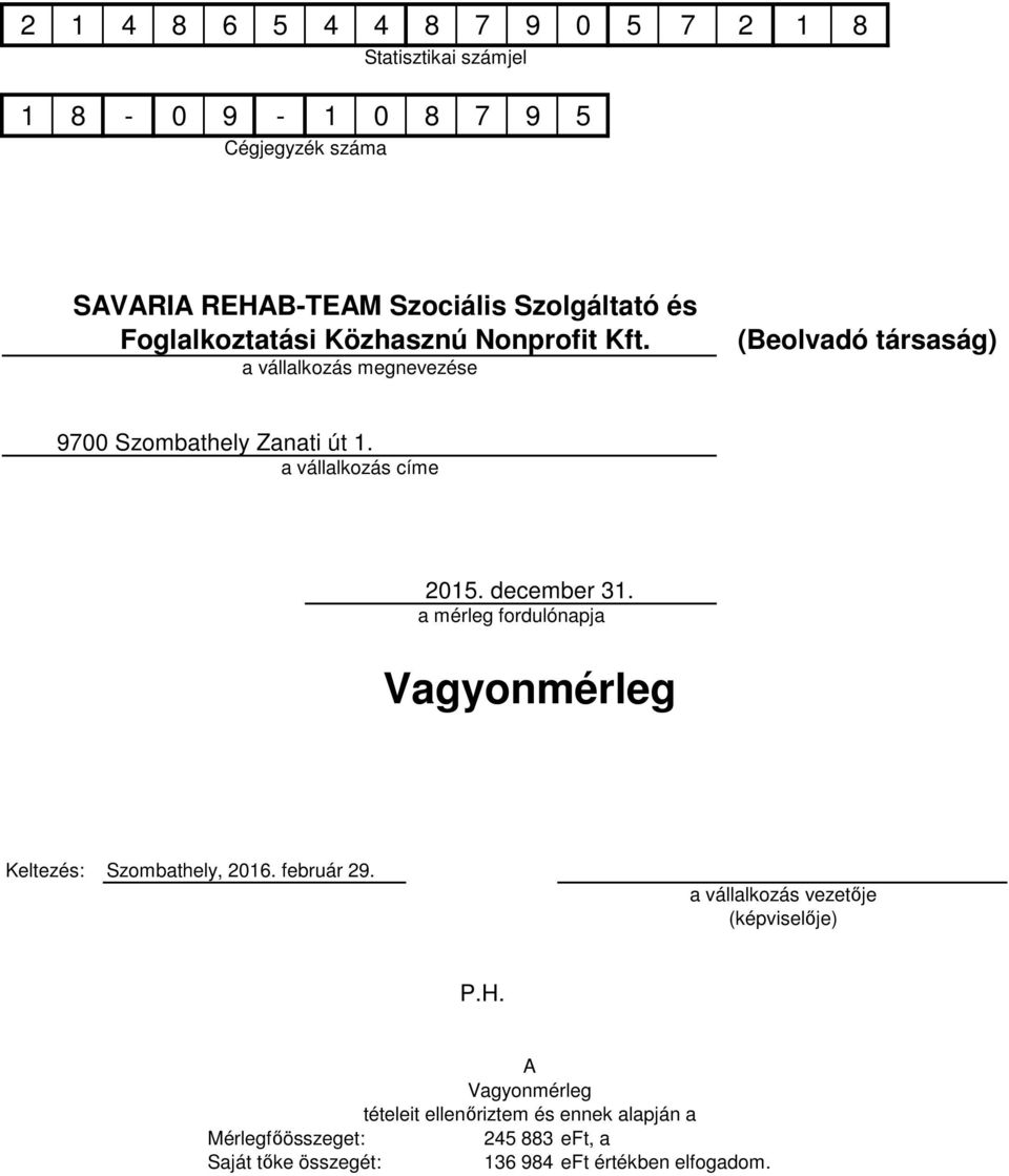 december 31. a mérleg fordulónapja Vagyonmérleg Keltezés: Szombathely, 216. február 29. a vállalkozás vezetője (képviselője) P.H.