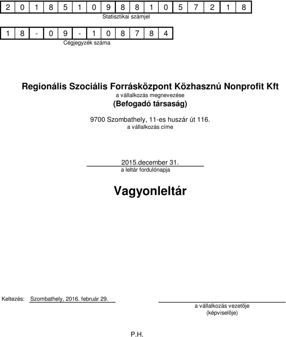 97 Szombathely, 11-es huszár út 116. a vállalkozás címe 215.december 31.