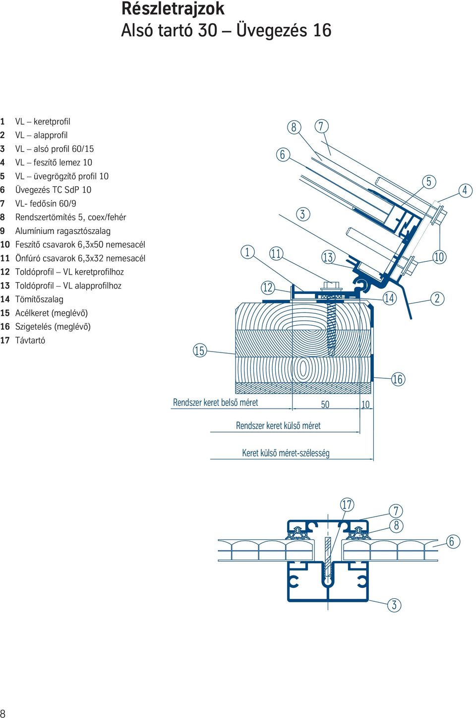 csavarok,x2 nemesacél 12 Toldóprofil VL keretprofilhoz 1 11 1 1 Toldóprofil VL alapprofilhoz 14 Tömítőszalag 12 14 2 15 Acélkeret
