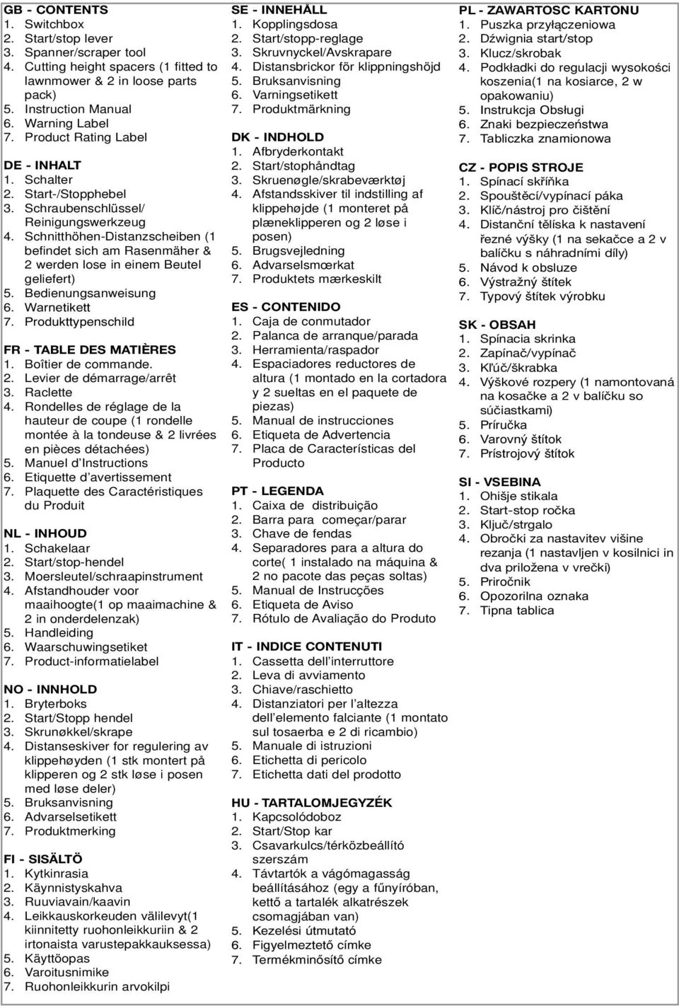 Schnitthöhen-Distanzscheiben (1 befindet sich am Rasenmäher & 2 werden lose in einem Beutel geliefert) 5. Bedienungsanweisung 6. Warnetikett 7. Produkttypenschild FR - TABLE DES MATIÈRES 1.