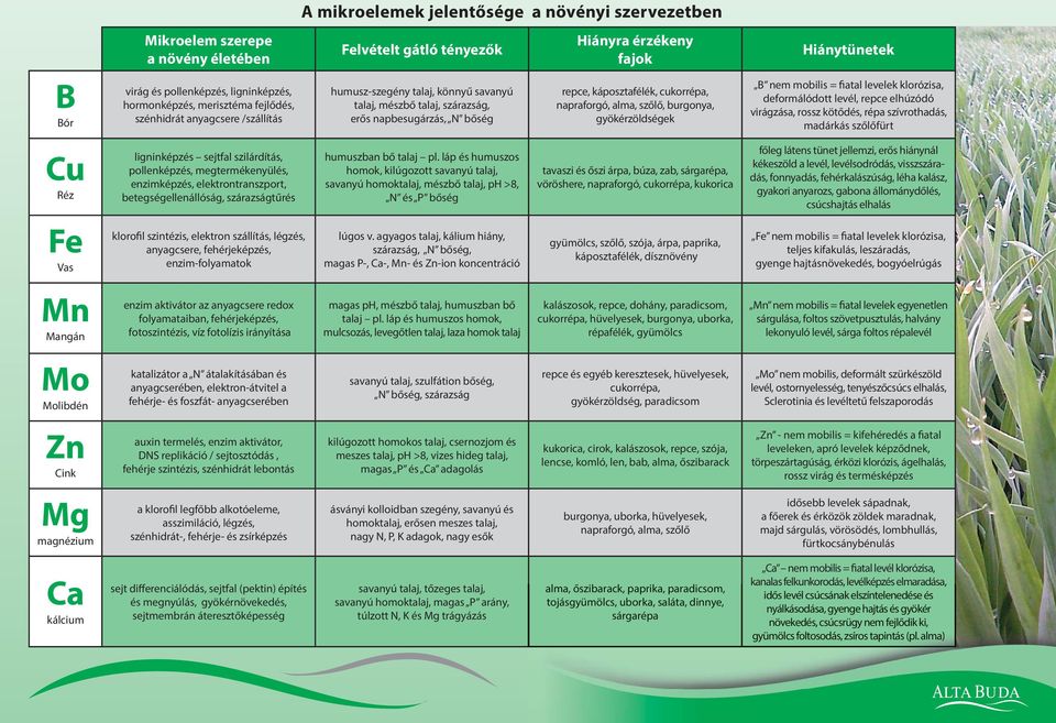 szőlő, burgonya, gyökérzöldségek Hiánytünetek B nem mobilis = fiatal levelek klorózisa, deformálódott levél, repce elhúzódó virágzása, rossz kötődés, répa szívrothadás, madárkás szőlőfürt Cu Réz Fe