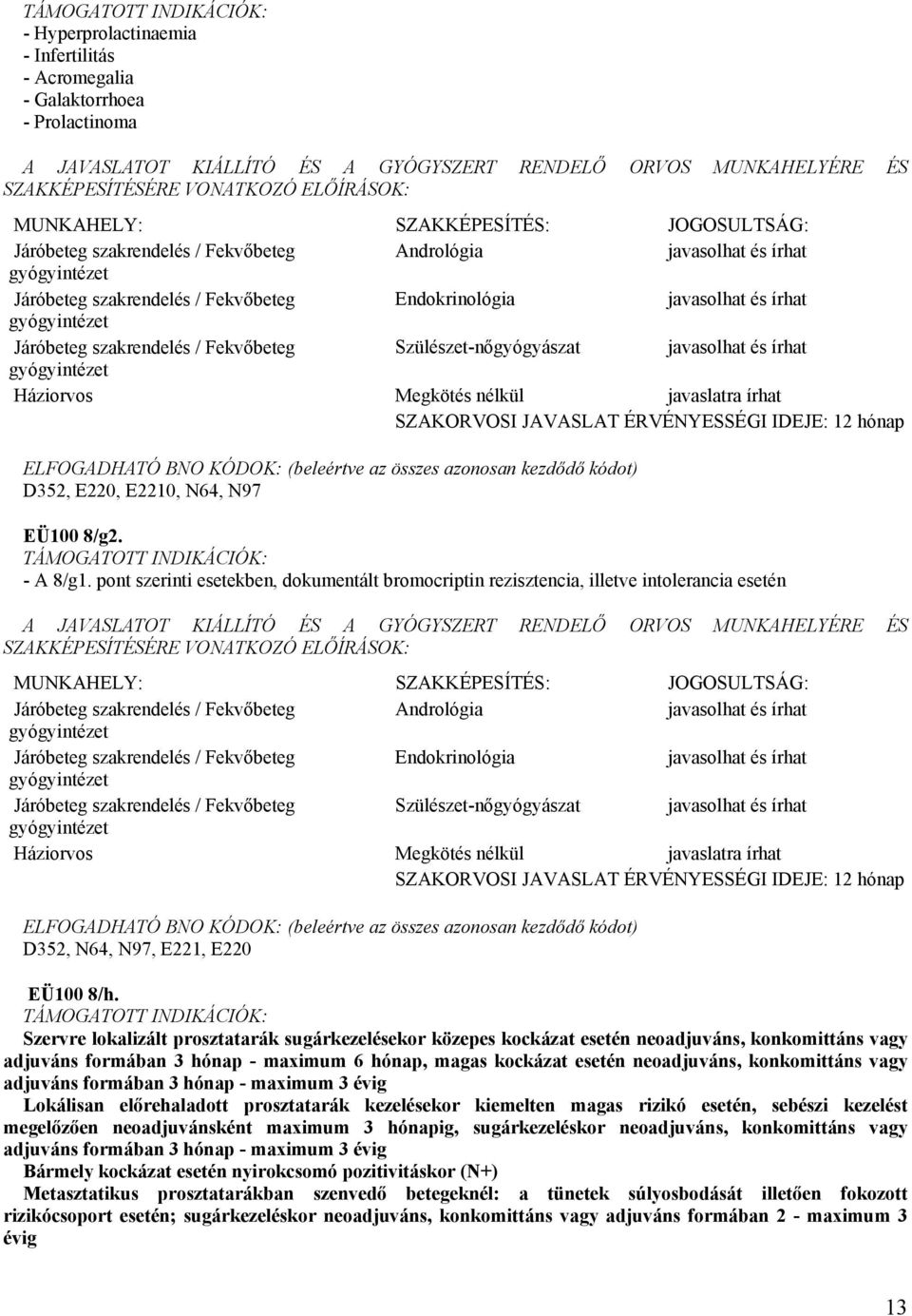 pont szerinti esetekben, dokumentált bromocriptin rezisztencia, illetve intolerancia esetén Andrológia Endokrinológia Szülészet-nőgyógyászat Háziorvos Megkötés nélkül javaslatra D352, N64, N97, E221,