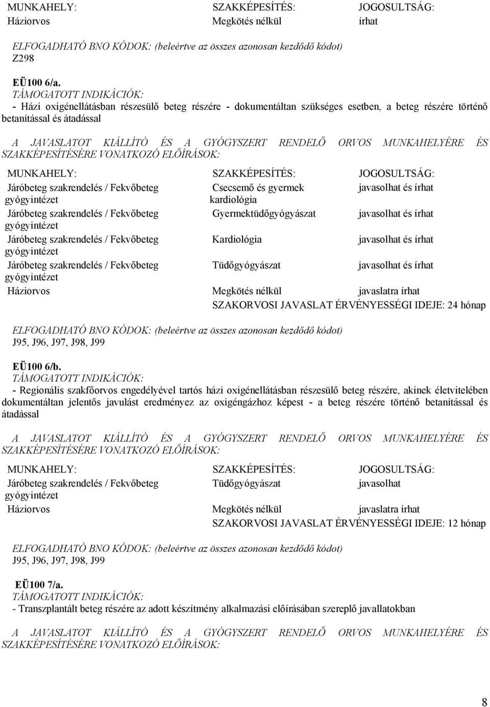 Tüdőgyógyászat Háziorvos Megkötés nélkül javaslatra SZAKORVOSI JAVASLAT ÉRVÉNYESSÉGI IDEJE: 24 hónap J95, J96, J97, J98, J99 EÜ100 6/b.