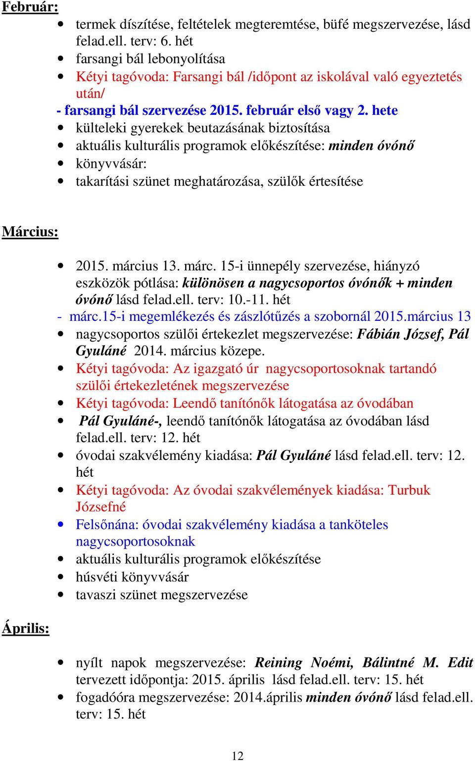 hete külteleki gyerekek beutazásának biztosítása aktuális kulturális programok előkészítése: minden óvónő könyvvásár: takarítási szünet meghatározása, szülők értesítése Március: Április: 2015.