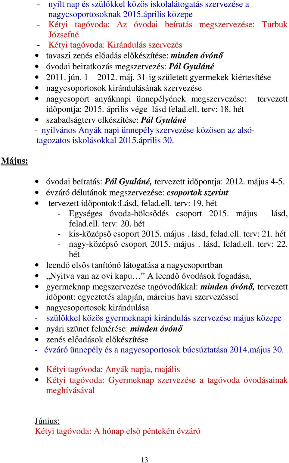 megszervezés: Pál Gyuláné 2011. jún. 1 2012. máj.