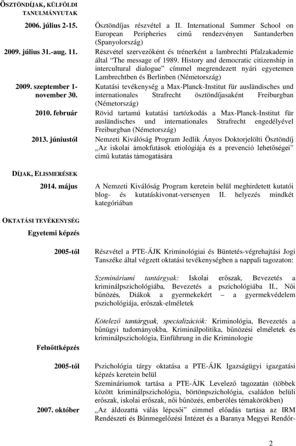 History and democratic citizenship in intercultural dialogue címmel megrendezett nyári egyetemen Lambrechtben és Berlinben (Németország) 2009. szeptember 1- november 30.