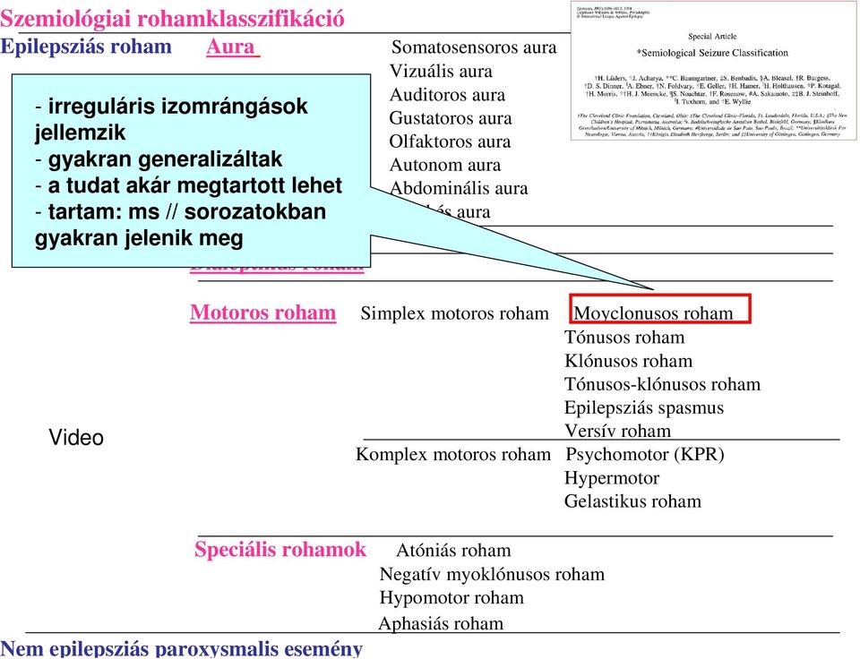 aura Psychés aura Video Motoros roham Simplex motoros roham Moyclonusos roham Tónusos roham Klónusos roham Tónusos-klónusos roham Epilepsziás spasmus Versív roham Komplex