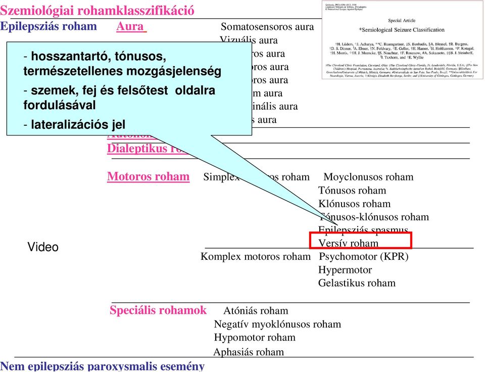 aura Video Motoros roham Simplex motoros roham Moyclonusos roham Tónusos roham Klónusos roham Tónusos-klónusos roham Epilepsziás spasmus Versív roham Komplex motoros