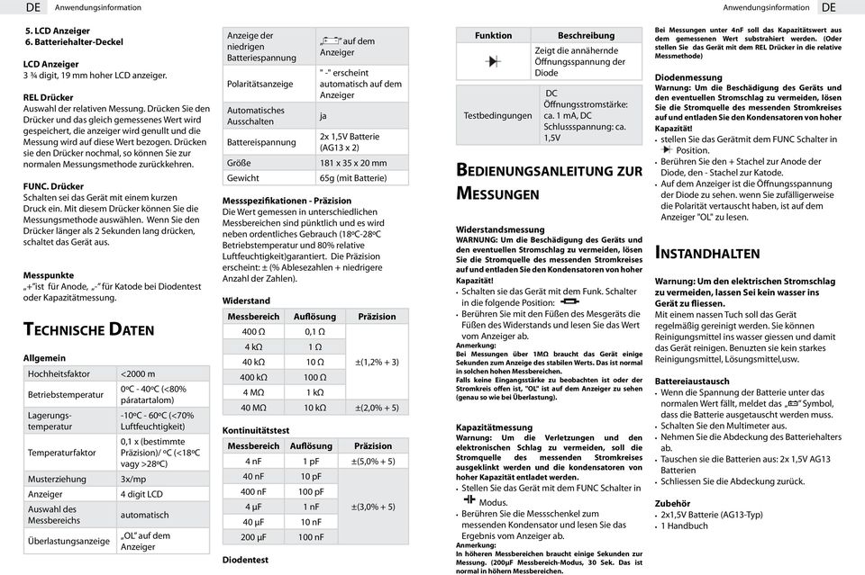 Drücken sie den Drücker nochmal, so können Sie zur normalen Messungsmethode zurückkehren. FUNC. Drücker Schalten sei das Gerät mit einem kurzen Druck ein.