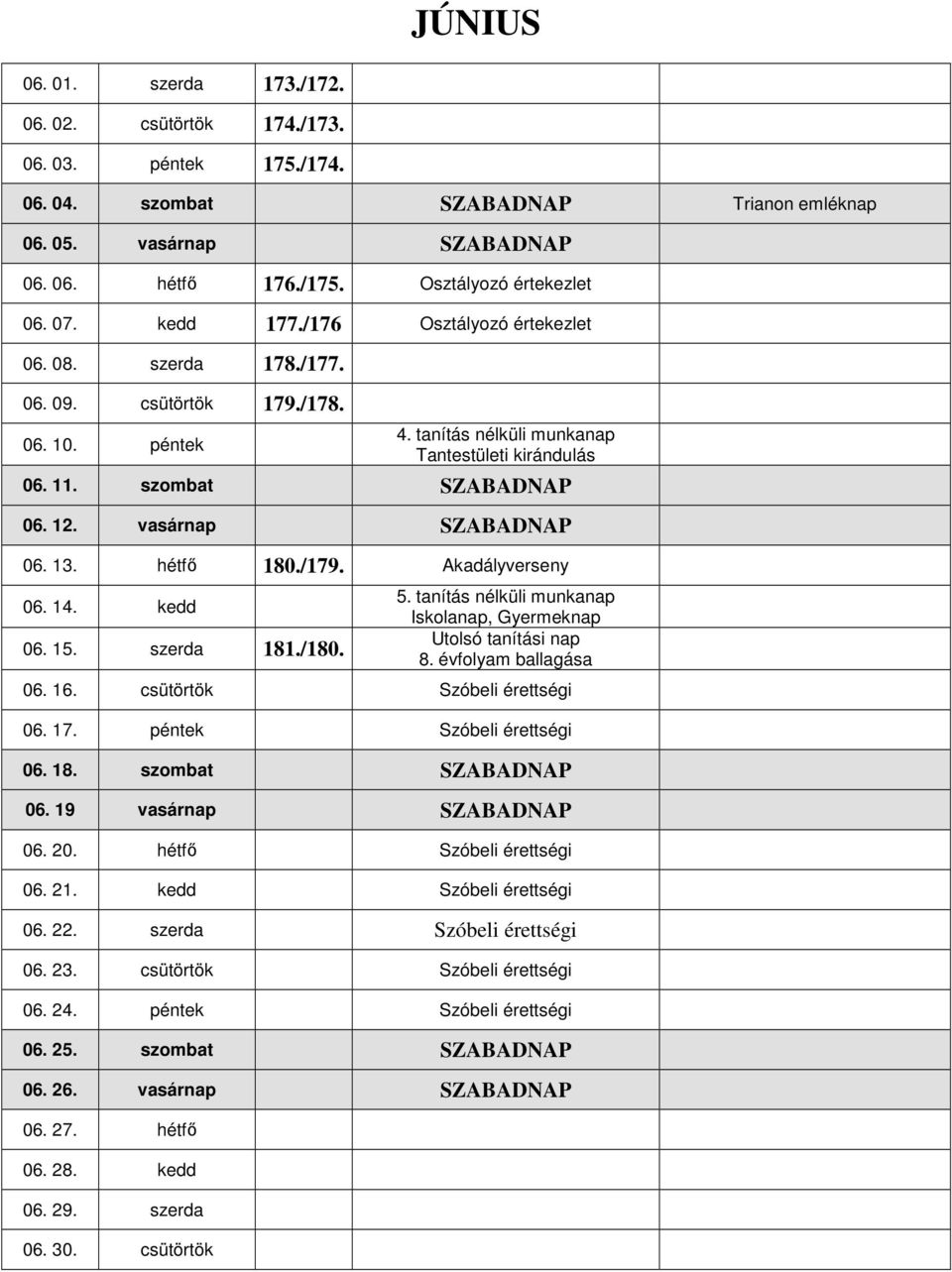 szombat SZABADNAP 06. 12. vasárnap SZABADNAP 06. 13. hétfő 180./179. Akadályverseny 06. 14. kedd 06. 15. szerda 181./180. 5. tanítás nélküli munkanap Iskolanap, Gyermeknap Utolsó tanítási nap 8.