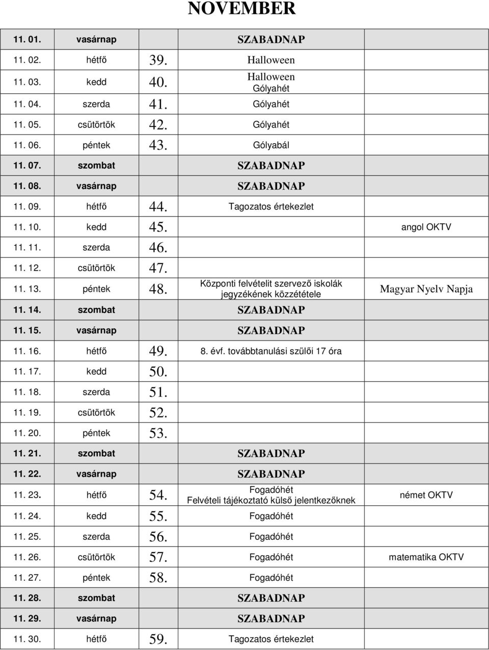 Központi felvételit szervező iskolák jegyzékének közzététele 11. 14. szombat SZABADNAP 11. 15. vasárnap SZABADNAP 11. 16. hétfő 49. 8. évf. továbbtanulási szülői 17 óra 11. 17. kedd 50. 11. 18.