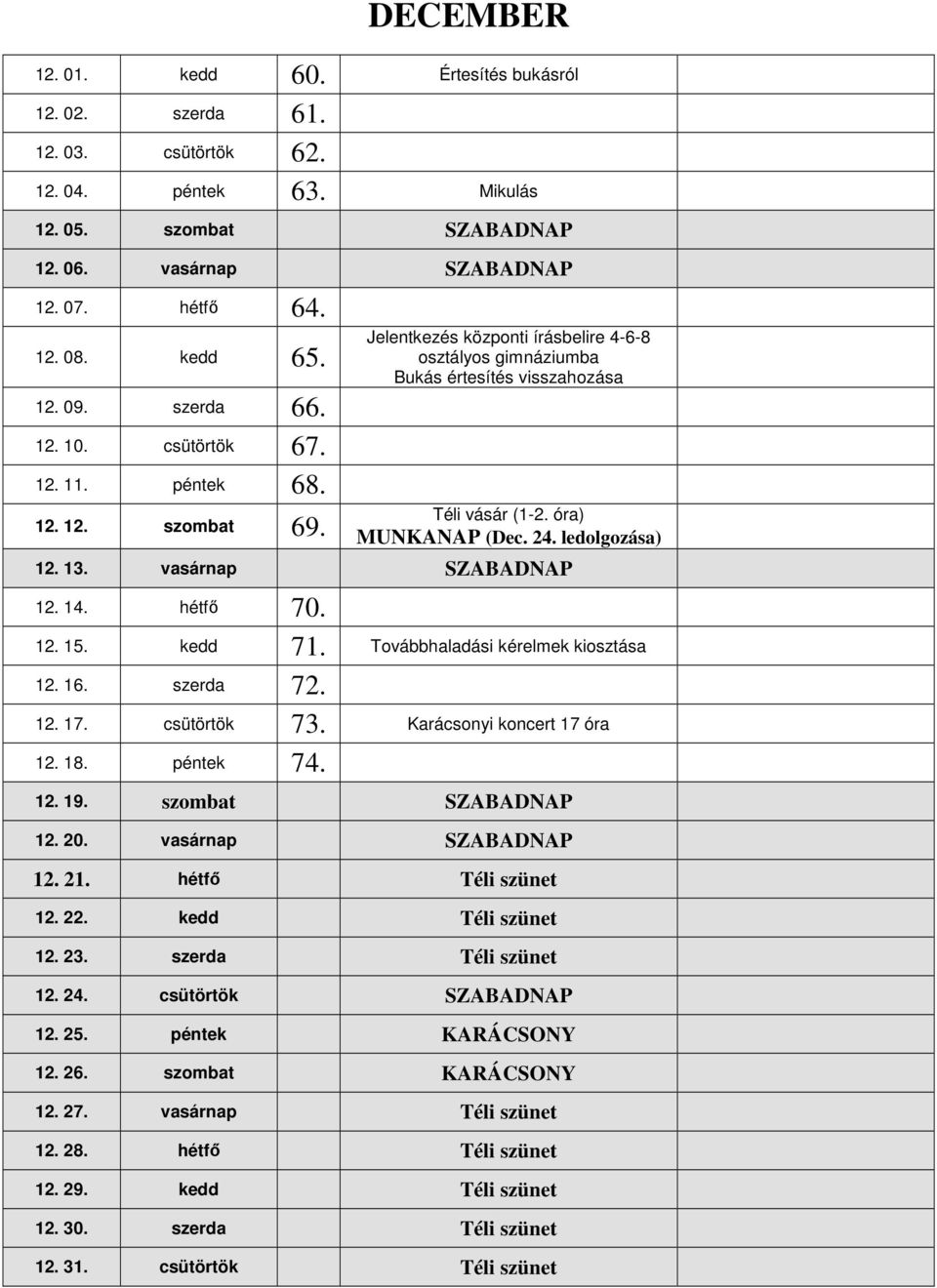 óra) MUNKANAP (Dec. 24. ledolgozása) 12. 13. vasárnap SZABADNAP 12. 14. hétfő 70. 12. 15. kedd 71. Továbbhaladási kérelmek kiosztása 12. 16. szerda 72. 12. 17. csütörtök 73.