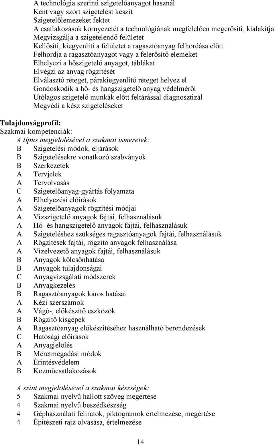 anyag rögzítését Elválasztó réteget, párakiegyenlítő réteget helyez el Gondoskodik a hő- és hangszigetelő anyag védelméről Utólagos szigetelő munkák előtt feltárással diagnosztizál Megvédi a kész