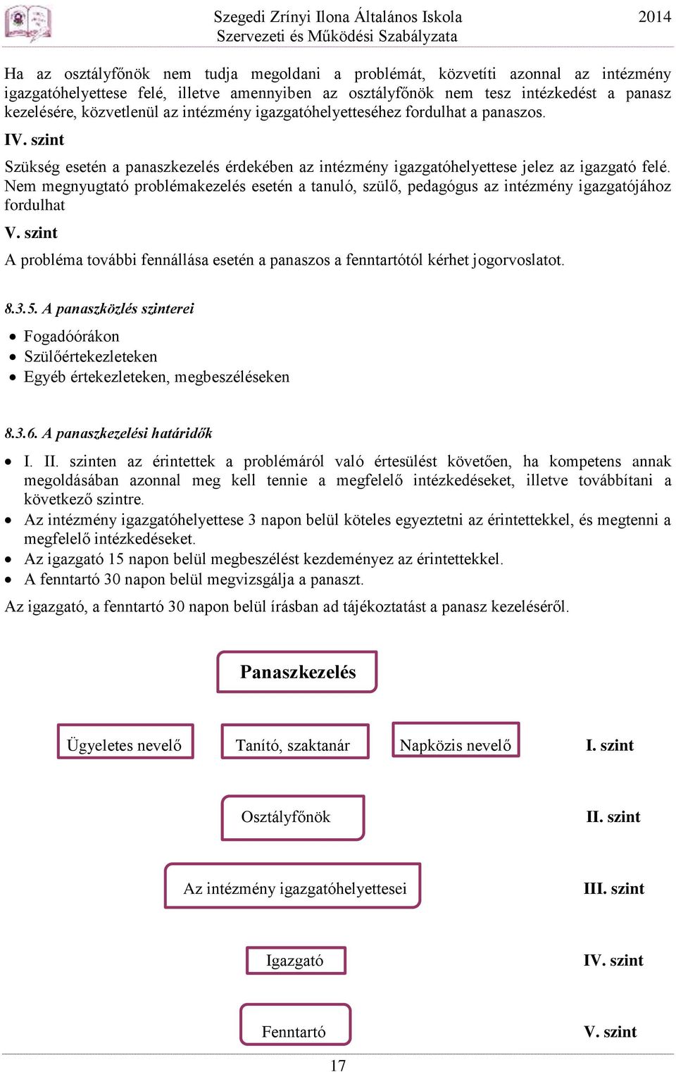 Nem megnyugtató problémakezelés esetén a tanuló, szülő, pedagógus az intézmény igazgatójához fordulhat V. szint A probléma további fennállása esetén a panaszos a fenntartótól kérhet jogorvoslatot. 8.