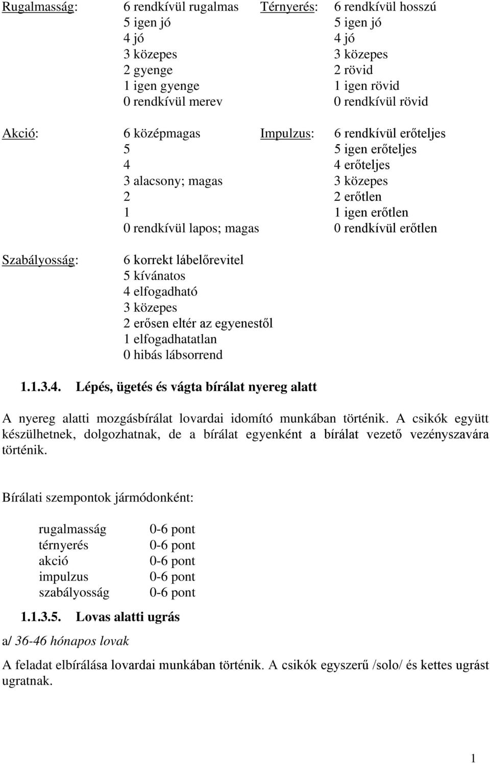 Szabályosság: 6 korrekt lábelőrevitel 5 kívánatos 4 elfogadható 3 közepes 2 erősen eltér az egyenestől 1 elfogadhatatlan 0 hibás lábsorrend 1.1.3.4. Lépés, ügetés és vágta bírálat nyereg alatt A nyereg alatti mozgásbírálat lovardai idomító munkában történik.