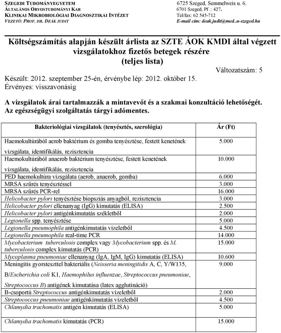 000 Helicobacter pylori tenyésztése biopsziás anyagból, rezisztencia 3.000 Helicobacter pylori ellenanyag (IgG) kimutatás (ELISA) 2.500 Helicobacter pylori antigénkimutatás székletből 2.