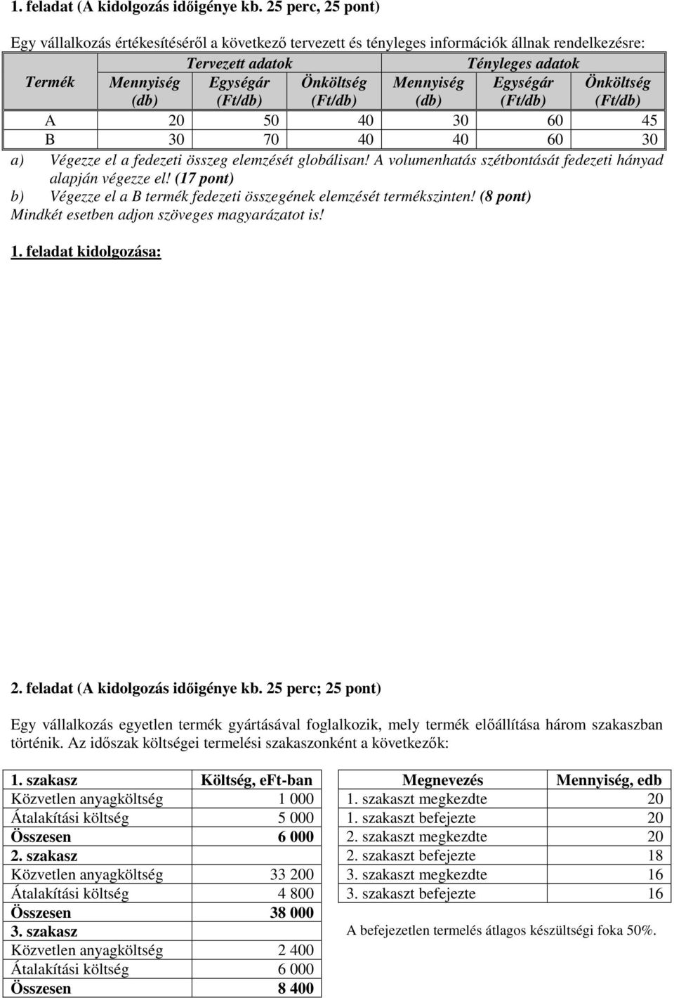 Mennyiség (db) Egységár Önköltség A 20 50 40 30 60 45 B 30 70 40 40 60 30 a) Végezze el a fedezeti összeg elemzését globálisan! A volumenhatás szétbontását fedezeti hányad alapján végezze el!