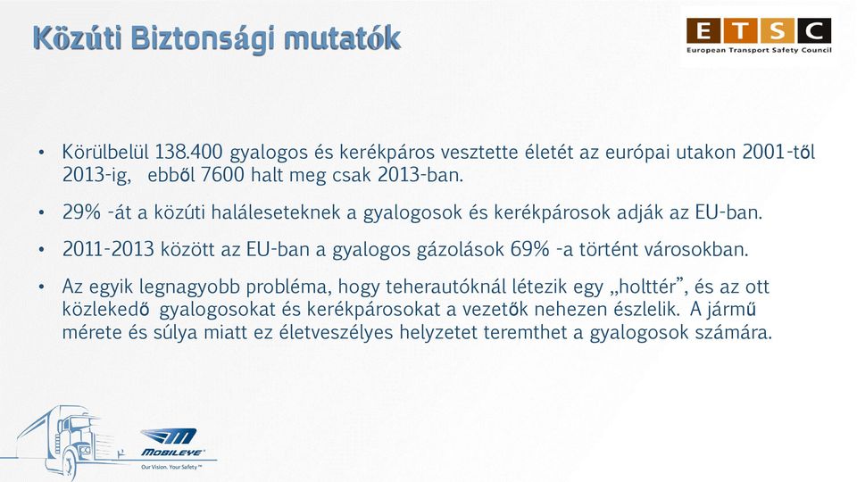 29% -át a közúti haláleseteknek a gyalogosok és kerékpárosok adják az EU-ban.