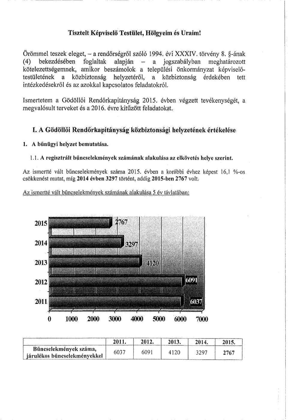 közbiztonság érdekében tett intézkedésekről és az azokkal kapcsolatos feladatokról. Ismertetem a Gödöllői Rendőrkapitányság 2015. évben végzett tevékenységét, a megvalósultterveket és a 2016.