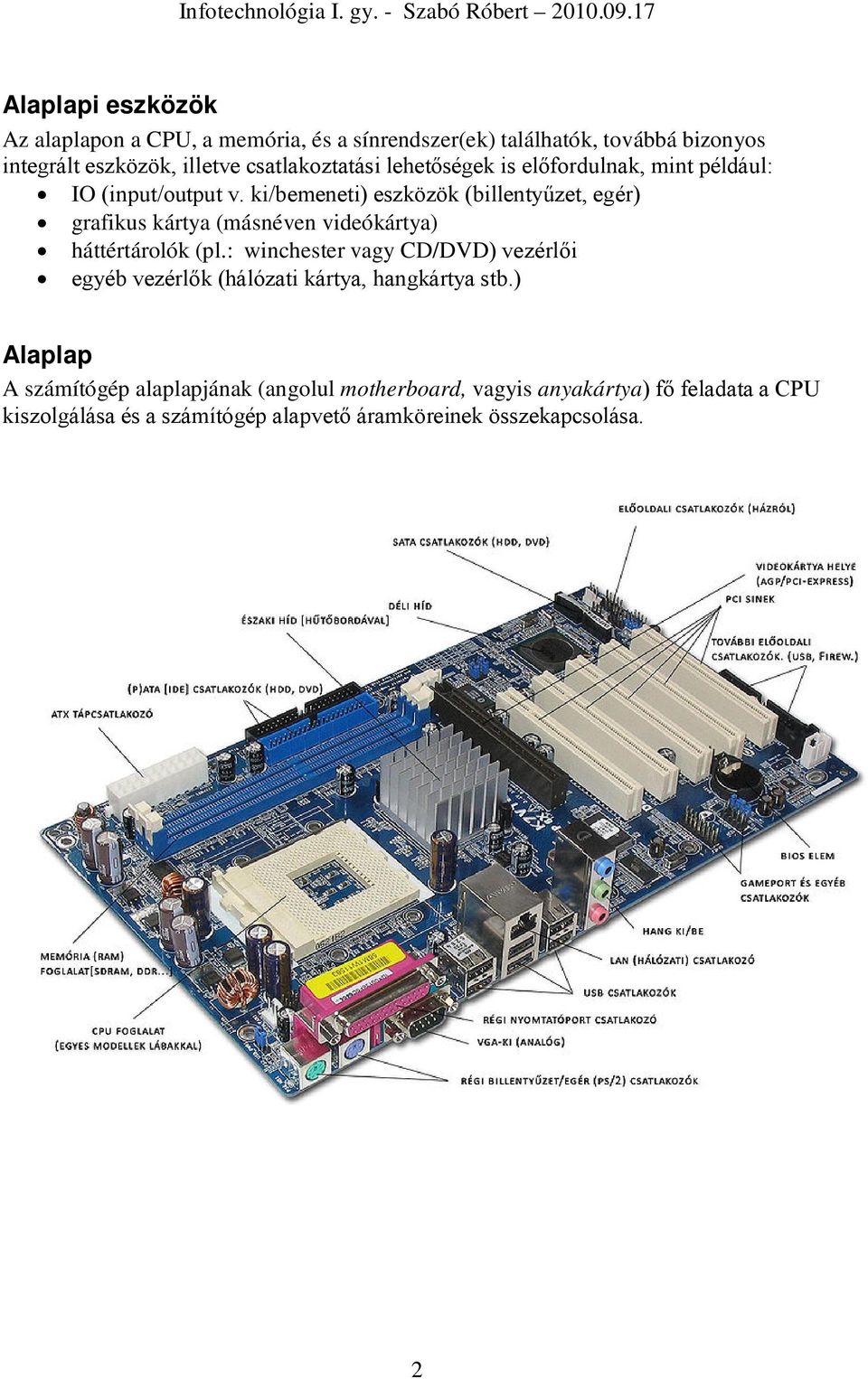 ki/bemeneti) eszközök (billentyűzet, egér) grafikus kártya (másnéven videókártya) háttértárolók (pl.