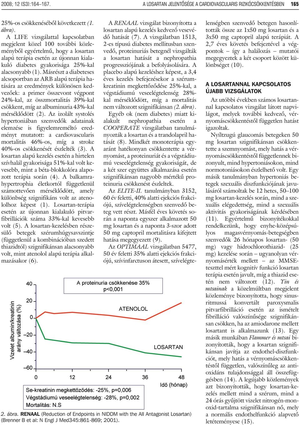 Másrészt a diabeteses alcsoportban az ARB alapú terápia hatására az eredmények különösen kedvezõek: a primer összevont végpont 24%-kal, az összmortalitás 39%-kal csökkent, míg az albuminuria 43%-kal