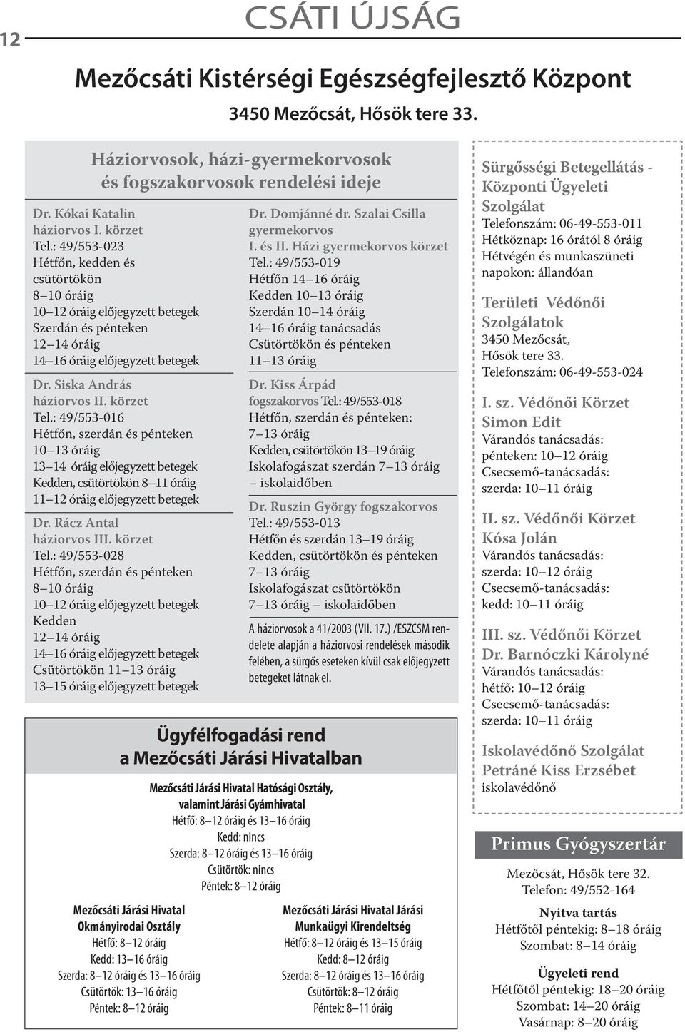 körzet Tel.: 49/553-016 Hétfőn, szerdán és pénteken 10 13 óráig 13 14 óráig előjegyzett betegek Kedden, csütörtökön 8 11 óráig 11 12 óráig előjegyzett betegek Dr. Rácz Antal háziorvos III. körzet Tel.