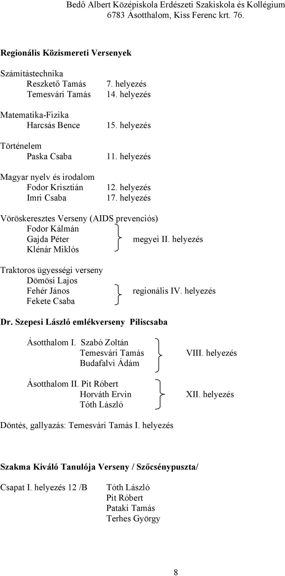 helyezés Klénár Miklós Traktoros ügyességi verseny Dömösi Lajos Fehér János Fekete Csaba regionális IV. helyezés Dr. Szepesi László emlékverseny Piliscsaba Ásotthalom I.