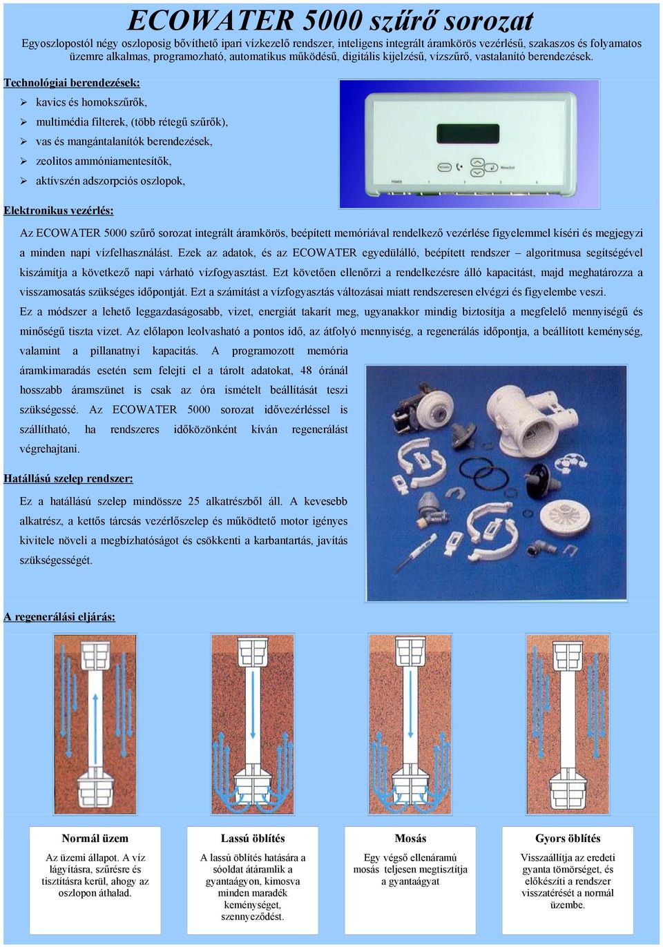 Technológiai berendezések: kavics és homokszűrők, multimédia filterek, (több rétegű szűrők), vas és mangántalanítók berendezések, zeolitos ammóniamentesítők, aktívszén adszorpciós oszlopok,