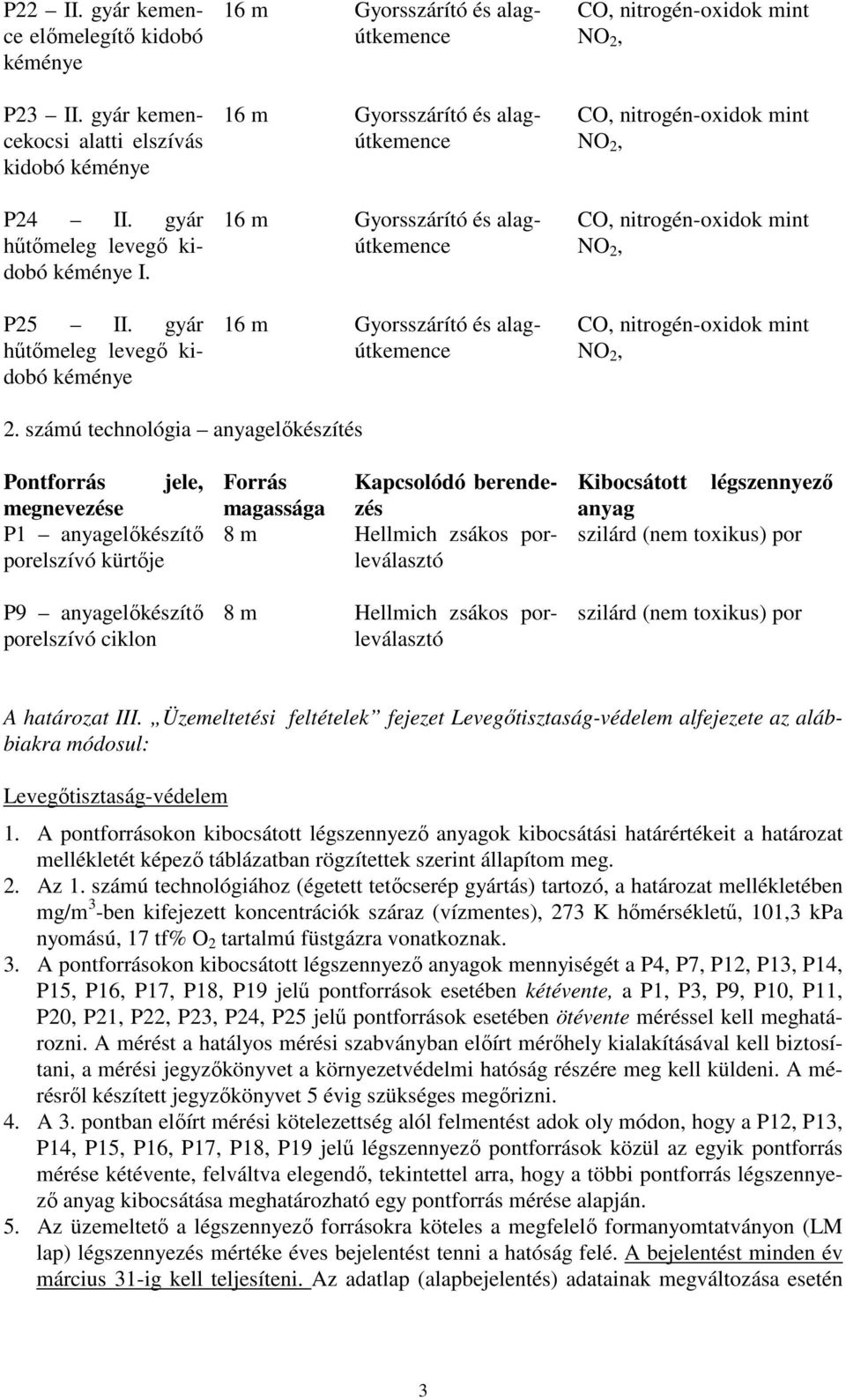 porleválasztó 8 m Hellmich zsákos porleválasztó Kibocsátott légszennyező anyag szilárd (nem toxikus) por szilárd (nem toxikus) por A határozat III.