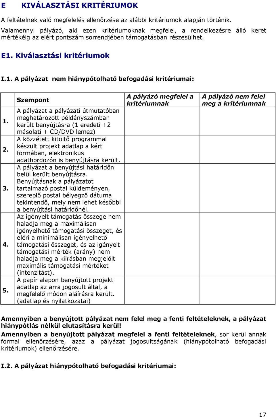 Kiválasztási kritériumok I.1. A pályázat nem hiánypótolható befogadási kritériumai: 1. 2. 3. 4. 5.