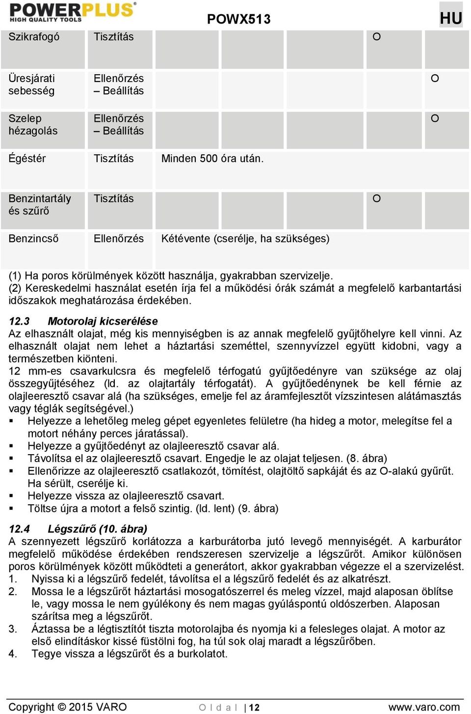 (2) Kereskedelmi használat esetén írja fel a működési órák számát a megfelelő karbantartási időszakok meghatározása érdekében. 12.