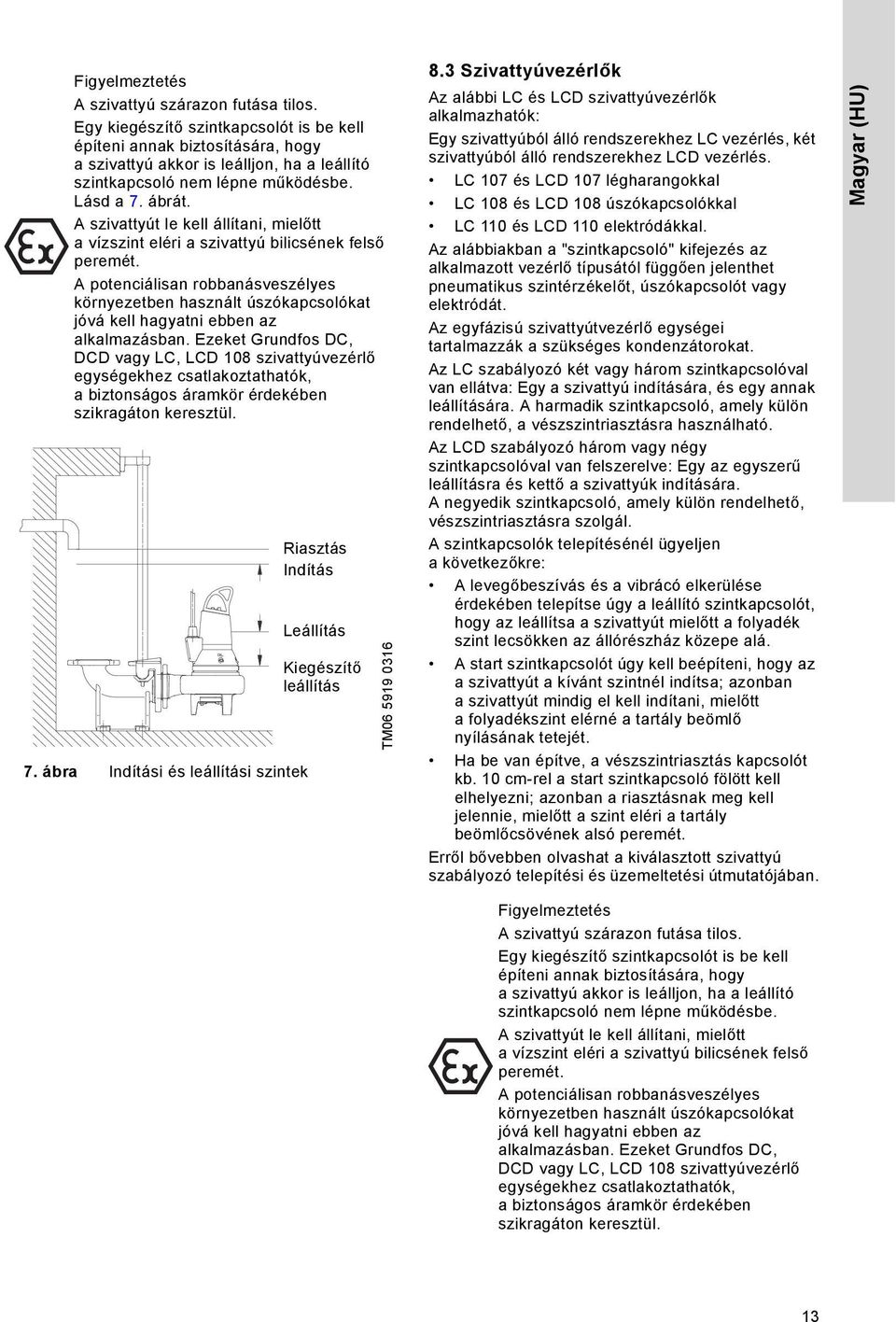 A potenciálisan robbanásveszélyes környezetben használt úszókapcsolókat jóvá kell hagyatni ebben az alkalmazásban.