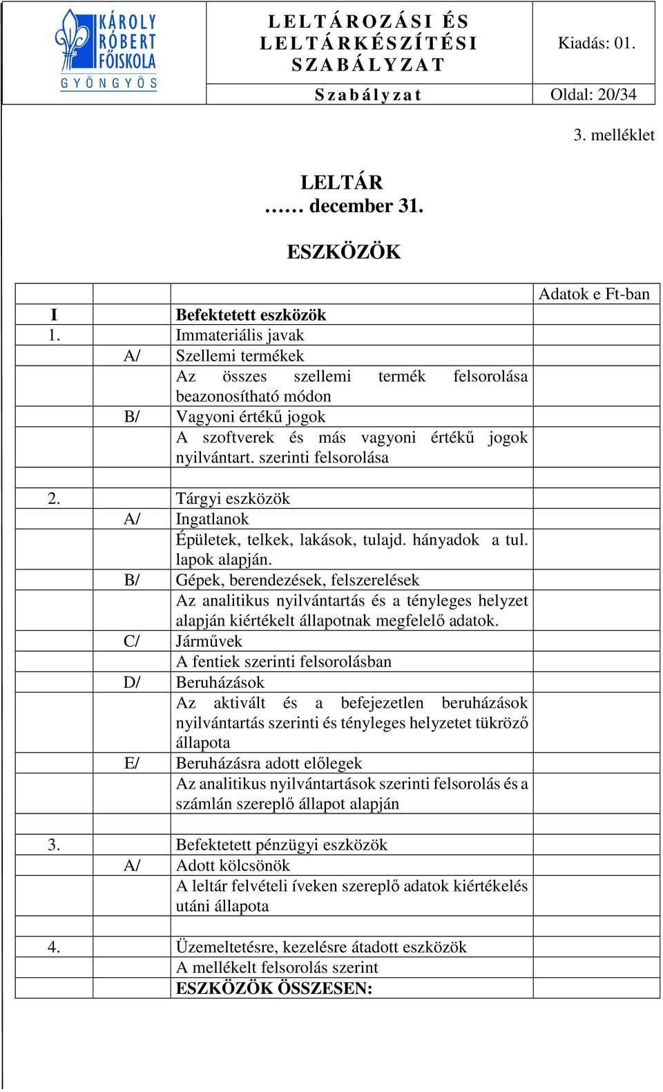 szerinti felsorolása Adatok e Ft-ban 2. Tárgyi eszközök A/ Ingatlanok Épületek, telkek, lakások, tulajd. hányadok a tul. lapok alapján.