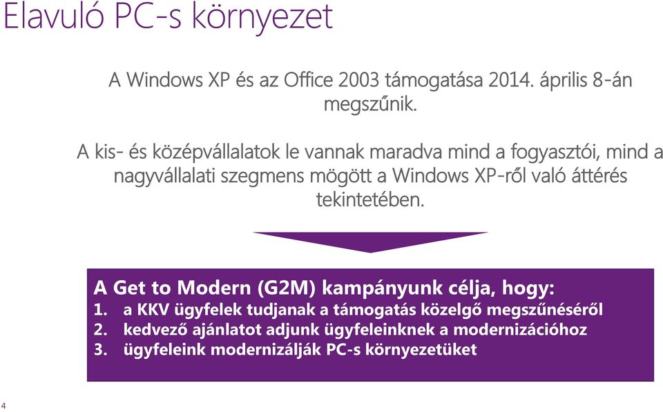 XP-ről való áttérés tekintetében. A Get to Modern (G2M) kampányunk célja, hogy: 1.