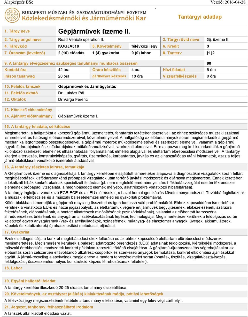 A tantárgy elvégzéséhez szükséges tanulmányi munkaóra összesen 90 Kontakt óra 42 óra Órára készülés 4 óra Házi feladat 6 óra Írásos tananyag 20 óra Zárthelyire készülés 18 óra Vizsgafelkészülés 0 óra