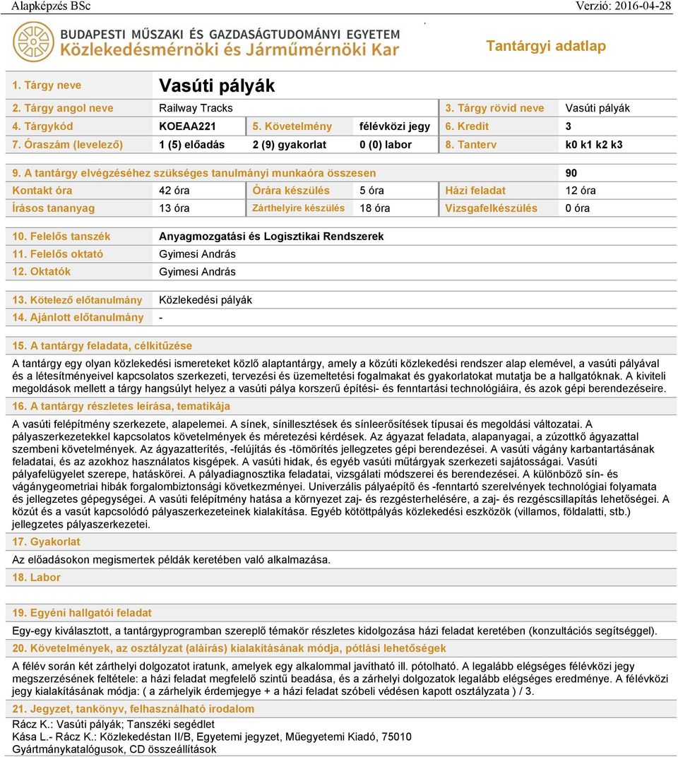 A tantárgy elvégzéséhez szükséges tanulmányi munkaóra összesen 90 Kontakt óra 42 óra Órára készülés 5 óra Házi feladat 12 óra Írásos tananyag 13 óra Zárthelyire készülés 18 óra Vizsgafelkészülés 0