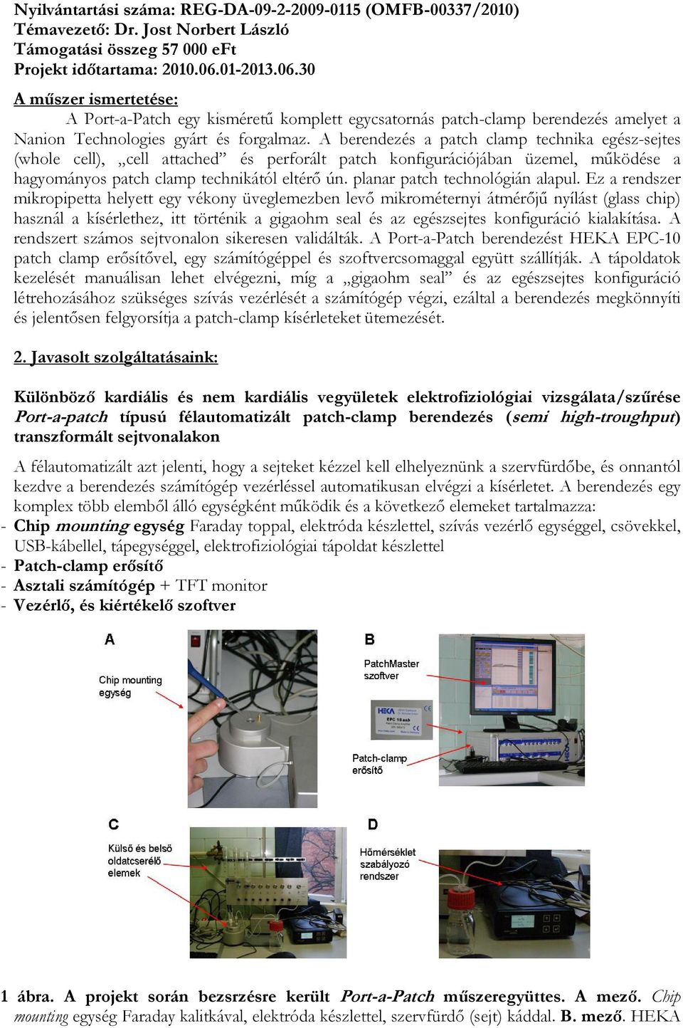 A berendezés a patch clamp technika egész-sejtes (whole cell), cell attached és perforált patch konfigurációjában üzemel, működése a hagyományos patch clamp technikától eltérő ún.