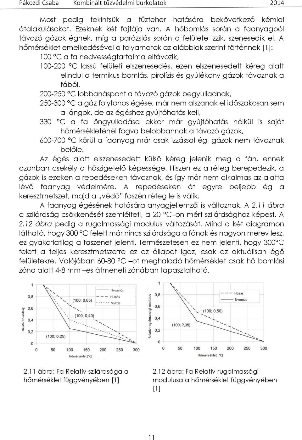 A hőmérséklet emelkedésével a folyamatok az alábbiak szerint történnek [1]: 100 C a fa nedvességtartalma eltávozik, 100-200 C lassú felületi elszenesedés, ezen elszenesedett kéreg alatt elindul a