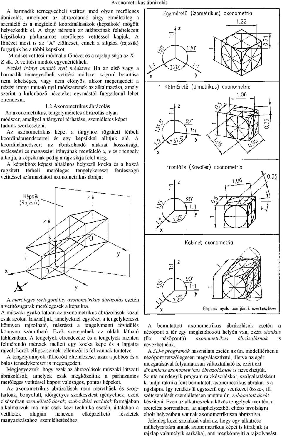 A főnézet most is az "A" elölnézet, ennek a síkjába (rajzsík) forgatjuk be a többi képsíkot. Mindkét vetítési módnál a főnézet és a rajzlap síkja az XZ sík. A vetítési módok egyenértékűek.