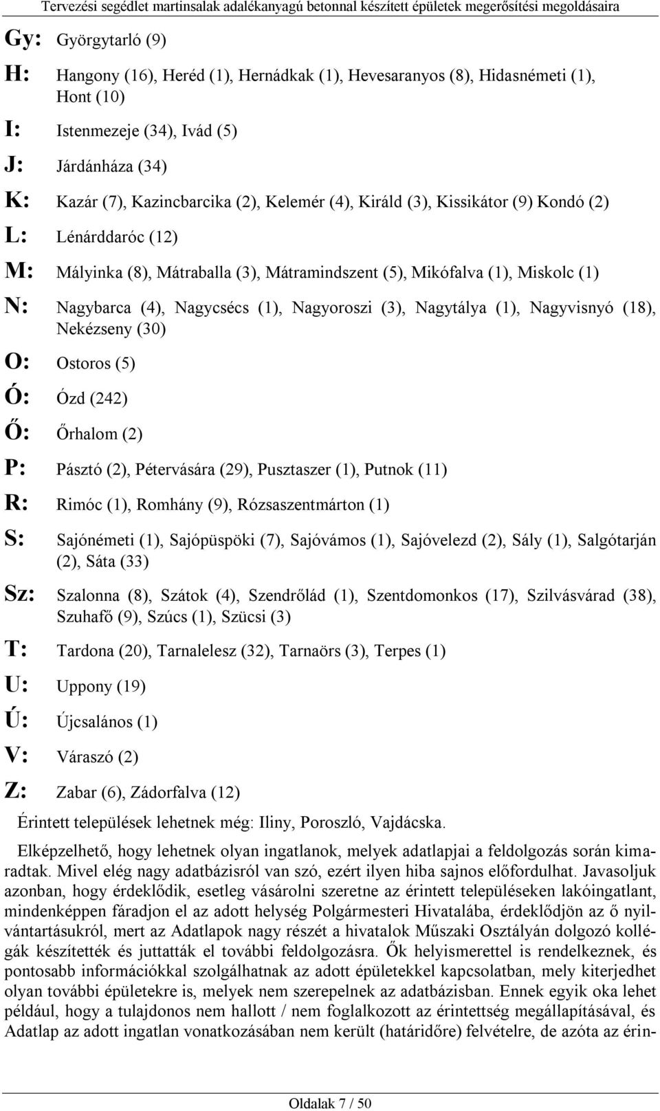 Nagytálya (1), Nagyvisnyó (18), Nekézseny (30) O: Ostoros (5) Ó: Ózd (242) Ő: Őrhalom (2) P: Pásztó (2), Pétervására (29), Pusztaszer (1), Putnok (11) R: Rimóc (1), Romhány (9), Rózsaszentmárton (1)
